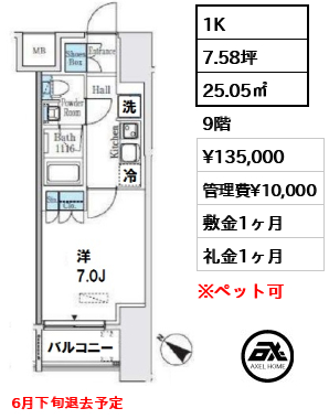 間取り7 1K 25.05㎡  賃料¥135,000 管理費¥10,000 敷金1ヶ月 礼金1ヶ月 6月下旬退去予定
