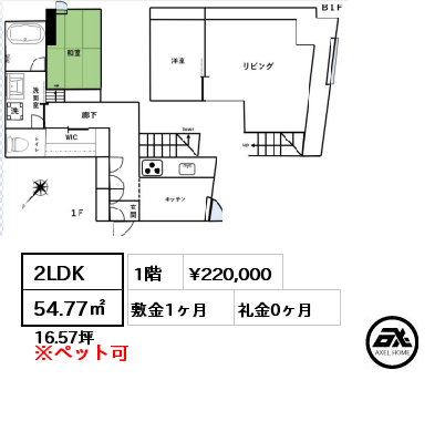 間取り7 2LDK 54.77㎡ 1階 賃料¥220,000 敷金1ヶ月 礼金0ヶ月
