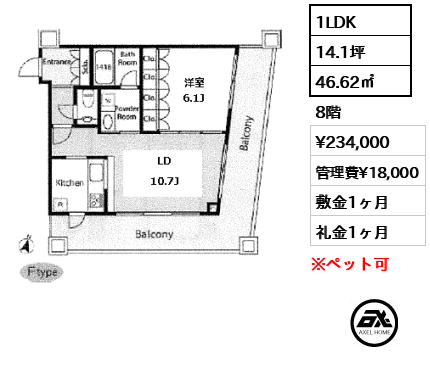 間取り7 1LDK 46.62㎡  賃料¥234,000 管理費¥18,000 敷金1ヶ月 礼金1ヶ月 　　