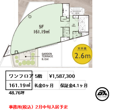 間取り7 ワンフロア 161.19㎡  賃料¥1,587,300 礼金0ヶ月 事務所(税込）2月中旬入居予定