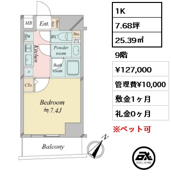 1K 25.39㎡ 8階 賃料¥123,000 管理費¥10,000 敷金1ヶ月 礼金1ヶ月