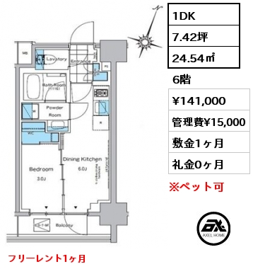 1DK 24.54㎡ 6階 賃料¥141,000 管理費¥15,000 敷金1ヶ月 礼金0ヶ月 フリーレント1ヶ月