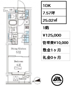 1DK 25.02㎡ 1階 賃料¥125,000 管理費¥10,000 敷金1ヶ月 礼金0ヶ月