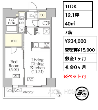 1LDK 40㎡  賃料¥234,000 管理費¥15,000 敷金1ヶ月 礼金0ヶ月