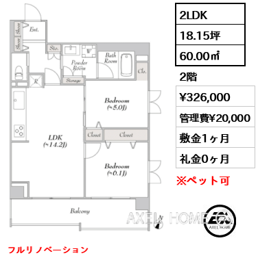 2LDK 60.00㎡  賃料¥326,000 管理費¥20,000 敷金1ヶ月 礼金0ヶ月 フルリノベーション