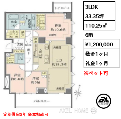 3LDK 110.25㎡  賃料¥1,200,000 敷金1ヶ月 礼金1ヶ月 定期借家3年 楽器相談可