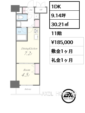 1DK 30.21㎡  賃料¥185,000 敷金1ヶ月 礼金1ヶ月