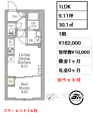 1LDK 30.1㎡  賃料¥182,000 管理費¥10,000 敷金1ヶ月 礼金0ヶ月 フリーレント1ヵ月
