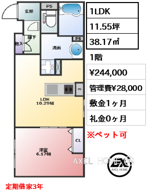 1LDK 38.17㎡  賃料¥244,000 管理費¥28,000 敷金1ヶ月 礼金0ヶ月 定期借家3年