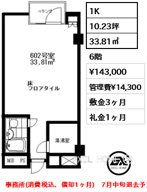 間取り7 1K 33.81㎡  賃料¥143,000 管理費¥14,300 敷金3ヶ月 礼金1ヶ月 事務所(消費税込、償却1ヶ月)　7月中旬退去予定