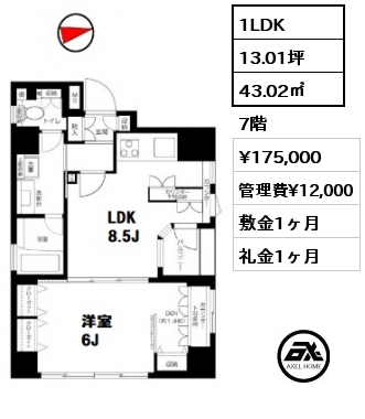 間取り7 1LDK 43.02㎡ 7階 賃料¥175,000 管理費¥12,000 敷金1ヶ月 礼金1ヶ月