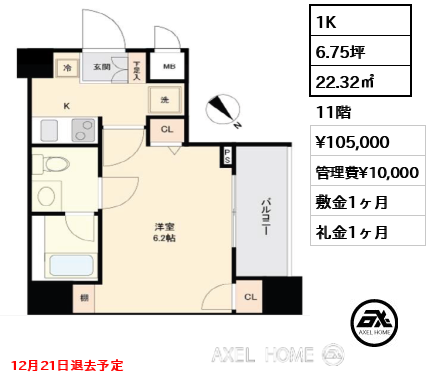 1K 22.32㎡  賃料¥105,000 管理費¥10,000 敷金1ヶ月 礼金1ヶ月 12月21日退去予定