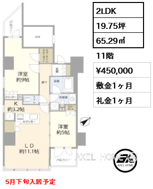 2LDK 65.29㎡  賃料¥450,000 敷金1ヶ月 礼金1ヶ月 5月下旬入居予定