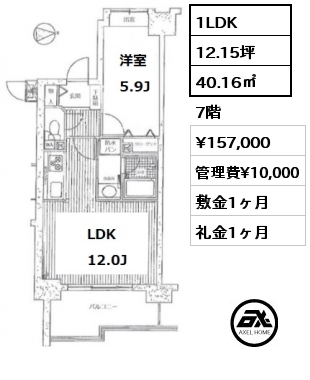 間取り7 1LDK 40.16㎡ 7階 賃料¥157,000 管理費¥10,000 敷金1ヶ月 礼金1ヶ月 　
