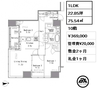 間取り7 1LDK 75.54㎡ 10階 賃料¥369,000 管理費¥20,000 敷金2ヶ月 礼金1ヶ月 　　  