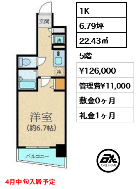 間取り7 1K 22.43㎡  賃料¥126,000 管理費¥11,000 敷金0ヶ月 礼金1ヶ月 4月中旬入居予定