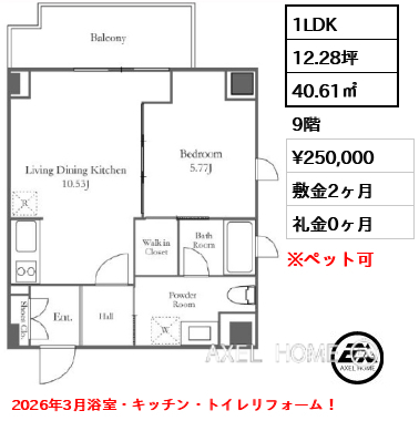 間取り7 1LDK 40.61㎡  賃料¥250,000 敷金2ヶ月 礼金0ヶ月 2026年3月浴室・キッチン・トイレリフォーム！