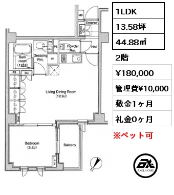 間取り7 1LDK 44.88㎡ 2階 賃料¥180,000 管理費¥10,000 敷金1ヶ月 礼金0ヶ月 　　