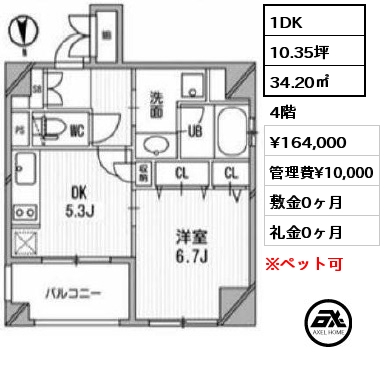 間取り7 1DK 34.20㎡ 5階 賃料¥153,000 管理費¥10,000 敷金0ヶ月 礼金0ヶ月 8月下旬入居予定