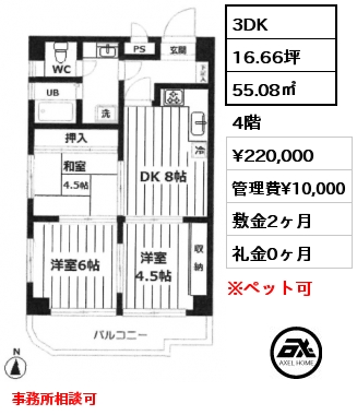 間取り7 3DK 55.08㎡ 4階 賃料¥220,000 管理費¥10,000 敷金2ヶ月 礼金0ヶ月 事務所相談可　　　　