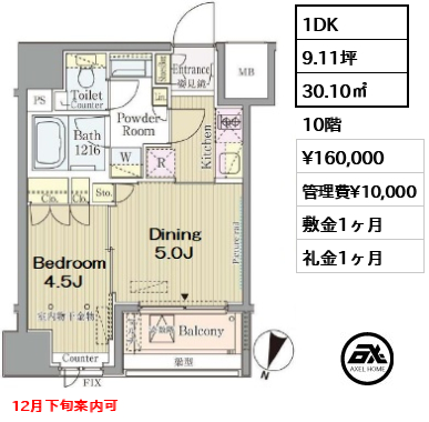 間取り7 1DK 30.10㎡  賃料¥160,000 管理費¥10,000 敷金1ヶ月 礼金1ヶ月 12月下旬案内可