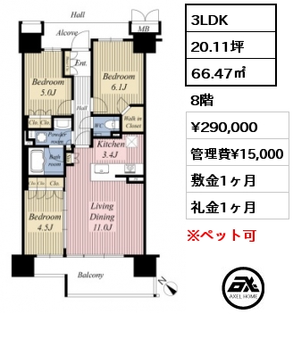 間取り7 3LDK 66.47㎡ 8階 賃料¥290,000 管理費¥15,000 敷金1ヶ月 礼金1ヶ月