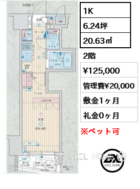 1K 20.63㎡  賃料¥125,000 管理費¥20,000 敷金1ヶ月 礼金0ヶ月