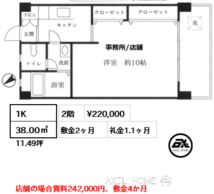 1K 38.00㎡  賃料¥220,000 敷金2ヶ月 礼金1.1ヶ月 店舗の場合賃料242,000円、敷金4か月
