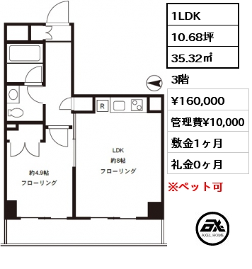 間取り7 1LDK 35.32㎡ 4階 賃料¥152,000 管理費¥10,000 敷金1ヶ月 礼金1ヶ月 　　　