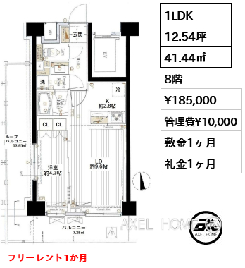 1LDK 41.44㎡  賃料¥185,000 管理費¥10,000 敷金1ヶ月 礼金1ヶ月 フリーレント1か月