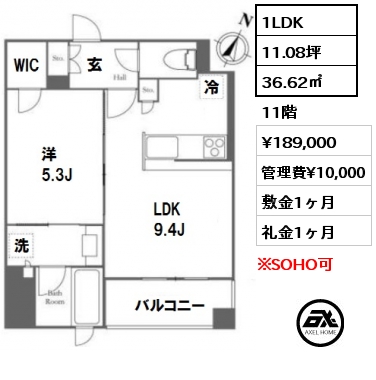 間取り7 1LDK 36.62㎡ 11階 賃料¥189,000 管理費¥10,000 敷金1ヶ月 礼金1ヶ月