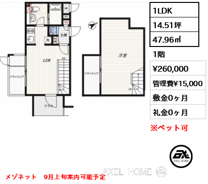 間取り7 1LDK 47.96㎡  賃料¥260,000 管理費¥15,000 敷金0ヶ月 礼金0ヶ月 メゾネット　9月上旬案内可能予定
