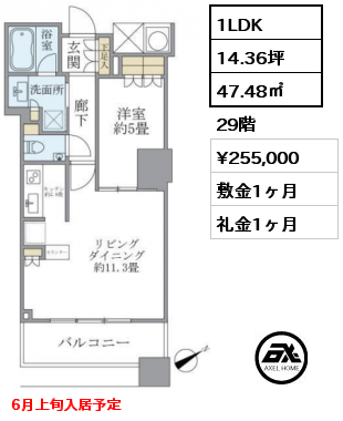 1LDK 47.48㎡ 29階 賃料¥255,000 敷金1ヶ月 礼金1ヶ月 6月上旬入居予定