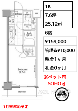 1K 25.12㎡  賃料¥159,000 管理費¥10,000 敷金1ヶ月 礼金0ヶ月 1月末解約予定