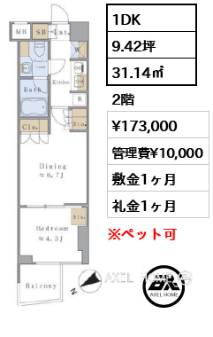 1DK 31.14㎡  賃料¥173,000 管理費¥10,000 敷金1ヶ月 礼金1ヶ月