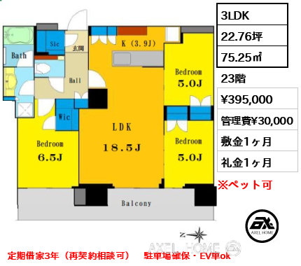 3LDK 75.25㎡  賃料¥395,000 管理費¥30,000 敷金1ヶ月 礼金1ヶ月 定期借家3年（再契約相談可）　駐車場確保・EV車ok