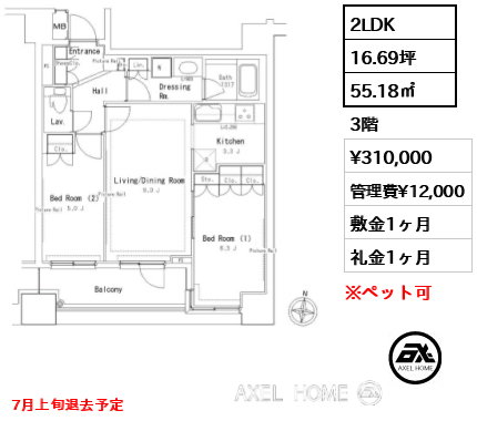 2LDK 55.18㎡  賃料¥310,000 管理費¥12,000 敷金1ヶ月 礼金1ヶ月 7月上旬退去予定