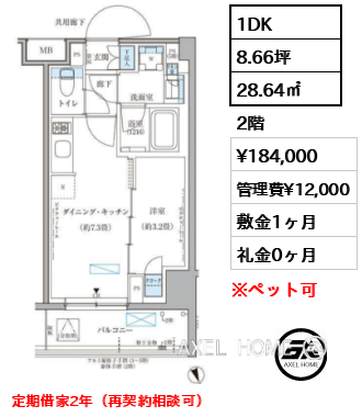 1DK 28.64㎡  賃料¥184,000 管理費¥12,000 敷金1ヶ月 礼金0ヶ月 定期借家2年（再契約相談可）