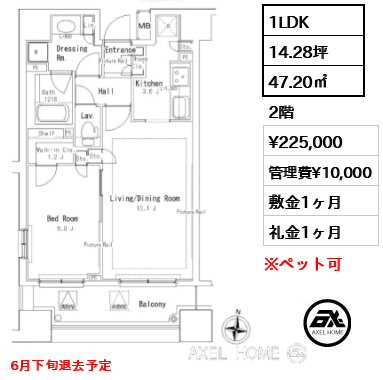 1LDK 47.20㎡  賃料¥225,000 管理費¥10,000 敷金1ヶ月 礼金1ヶ月 6月下旬退去予定