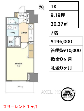 1K 30.37㎡  賃料¥196,000 管理費¥10,000 敷金0ヶ月 礼金0ヶ月 フリーレント１ヶ月