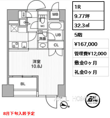 1R 32.3㎡  賃料¥167,000 管理費¥12,000 敷金0ヶ月 礼金0ヶ月 8月下旬入居予定