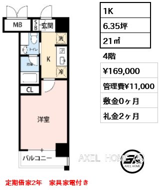 1K 21㎡ 賃料¥169,000 管理費¥11,000 敷金0ヶ月 礼金2ヶ月 定期借家2年 家具家電付き