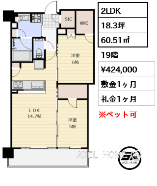 2LDK 60.51㎡  賃料¥424,000 敷金1ヶ月 礼金1ヶ月