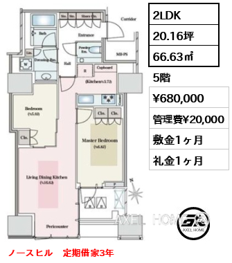 2LDK 66.63㎡  賃料¥680,000 管理費¥20,000 敷金1ヶ月 礼金1ヶ月 ノースヒル　定期借家3年