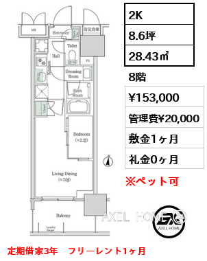 2K 28.43㎡  賃料¥153,000 管理費¥20,000 敷金1ヶ月 礼金0ヶ月 定期借家3年　フリーレント1ヶ月