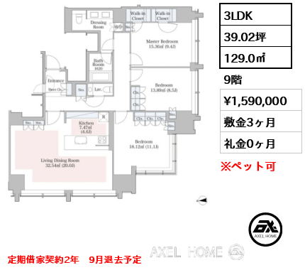 3LDK 129.0㎡  賃料¥1,590,000 敷金3ヶ月 礼金0ヶ月 定期借家契約2年　9月退去予定