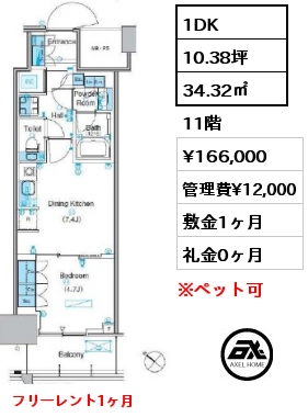 1DK 34.32㎡ 11階 賃料¥171,000 管理費¥12,000 敷金1ヶ月 礼金0ヶ月