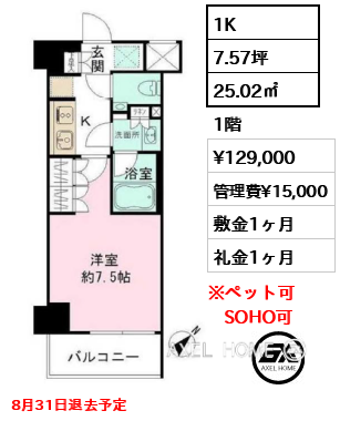 1K 25.02㎡  賃料¥129,000 管理費¥15,000 敷金1ヶ月 礼金1ヶ月 8月31日退去予定
