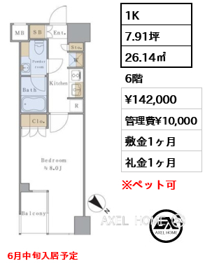 1K 26.14㎡  賃料¥142,000 管理費¥10,000 敷金1ヶ月 礼金1ヶ月 6月中旬入居予定