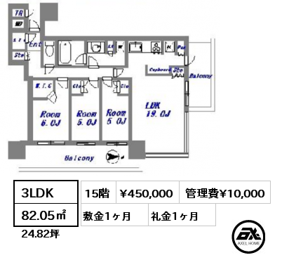 間取り8 3LDK 82.05㎡ 15階 賃料¥450,000 管理費¥10,000 敷金1ヶ月 礼金1ヶ月 　